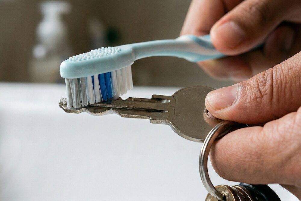鍵は歯ブラシで汚れを落とす