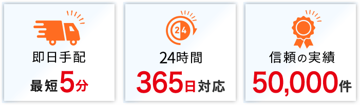 即日手配 最短5分、24時間365日対応、信頼の実績50,000件