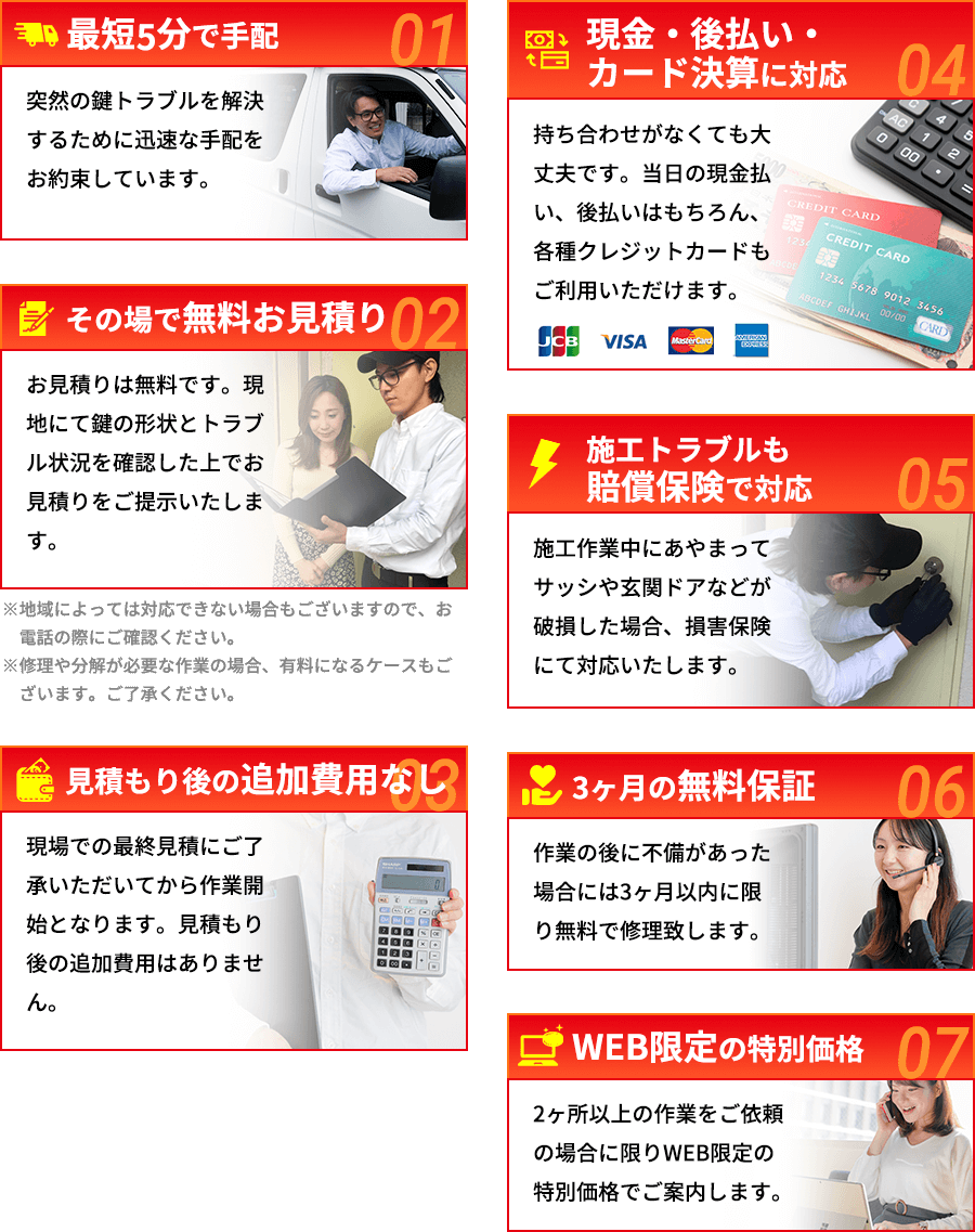 最短5分で手配、その場で無料お見積り、見積もり後の追加費用なし、現金・後払い・カード決算に対応、施工トラブルも賠償保険で対応、3ヶ月の無料保証、WEB限定の特別価格